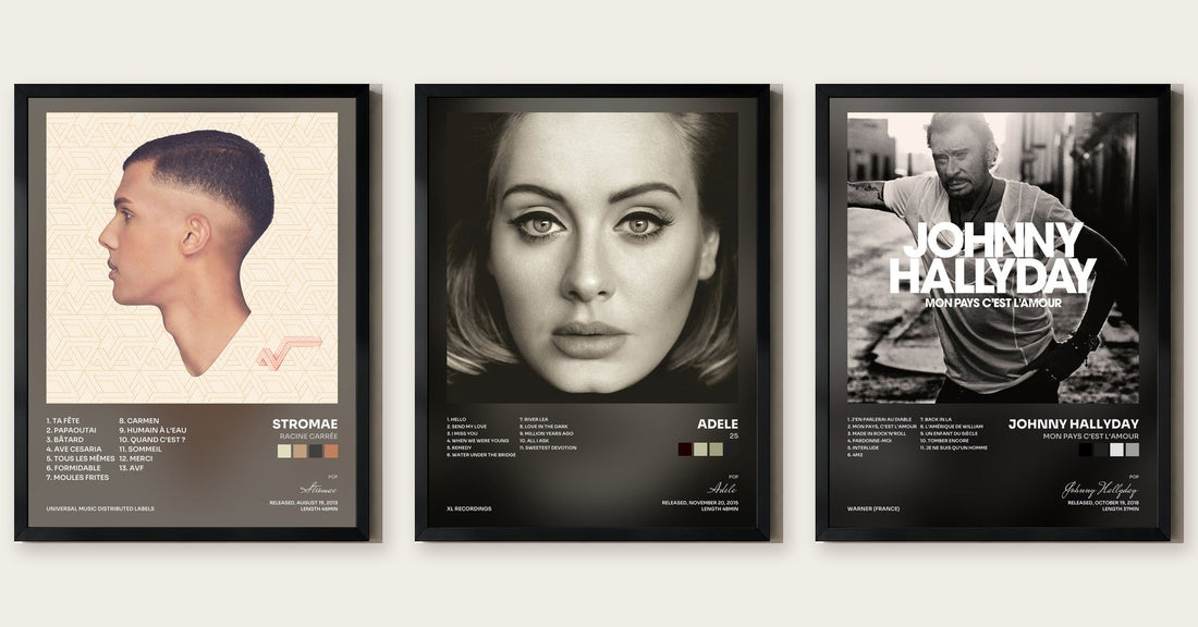 Trois tableaux d'albums certifiés disque de diamant, encadrés en noir