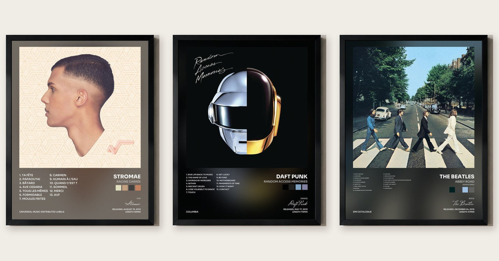 Trois tableaux d'album encadrés prêts à offrir : racine carrée, Random Access Memories, Abbey Road