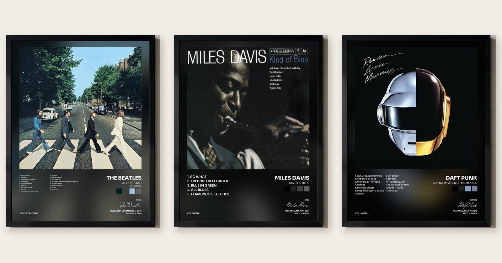 Trois tableaux d'album encadrés : Abbey Road, Kind Of Blue, Random Access Memories