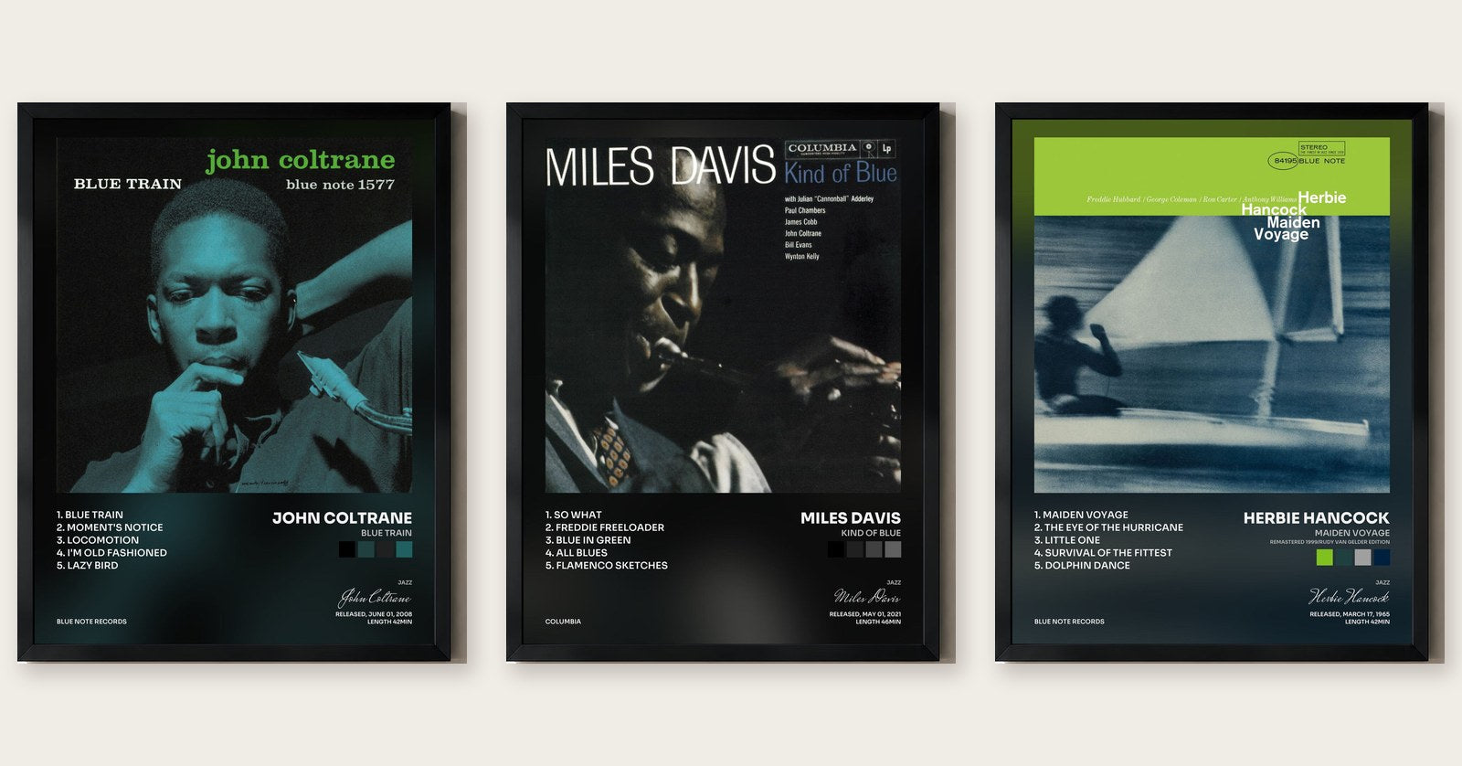 Trois tableaux de jazz encadrés : Blue Train, Kind Of Blue, Maiden Voyage
