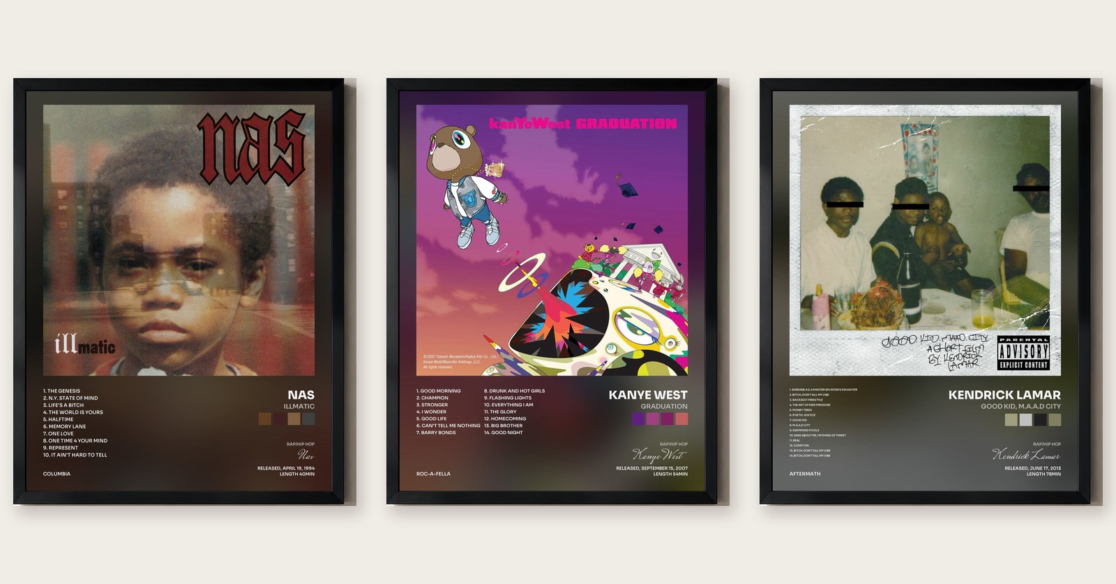 Trois tableaux de rap américain encadrés : Illmatic, Graduation, good kid m.A.A.d city