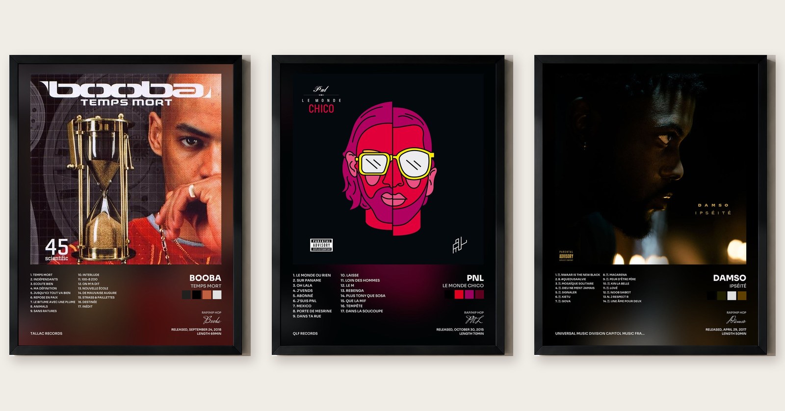 Trois tableaux de rap français encadrés : Temps mort, Le monde Chico, Ipséité