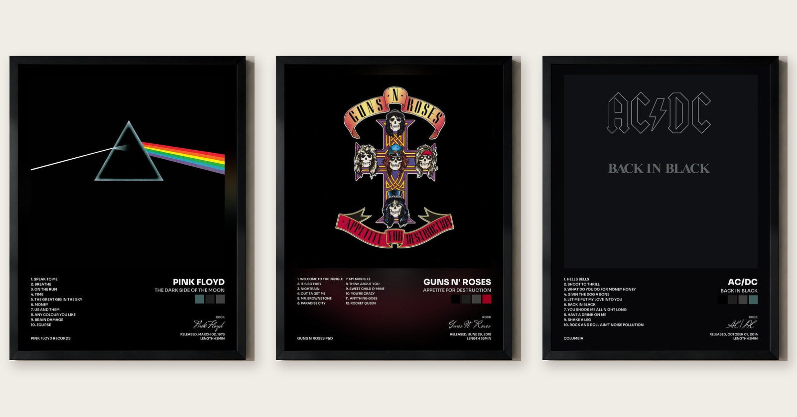 Trois tableaux de rock encadrés : The Dark Side of the Moon, Appetite For Destruction, Back In Black