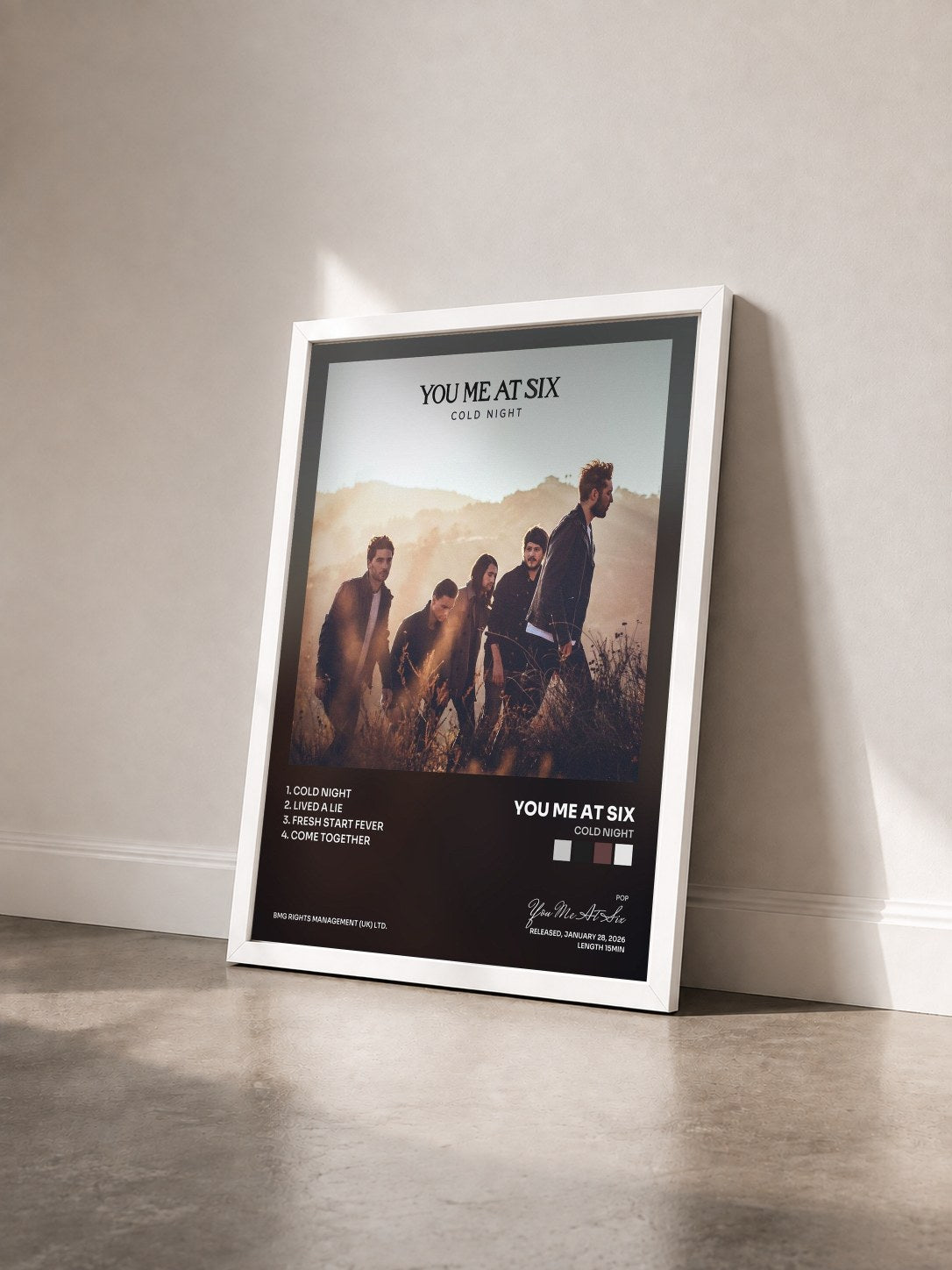 #blanc Tableau de l'album Cold Night de You Me At Six vu de trois quarts, cadre blanc