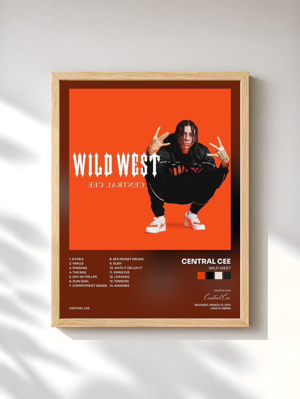 #bois Tableau de l'album Wild West de Central Cee, cadre en bois brut, imprimé et encadré en France
