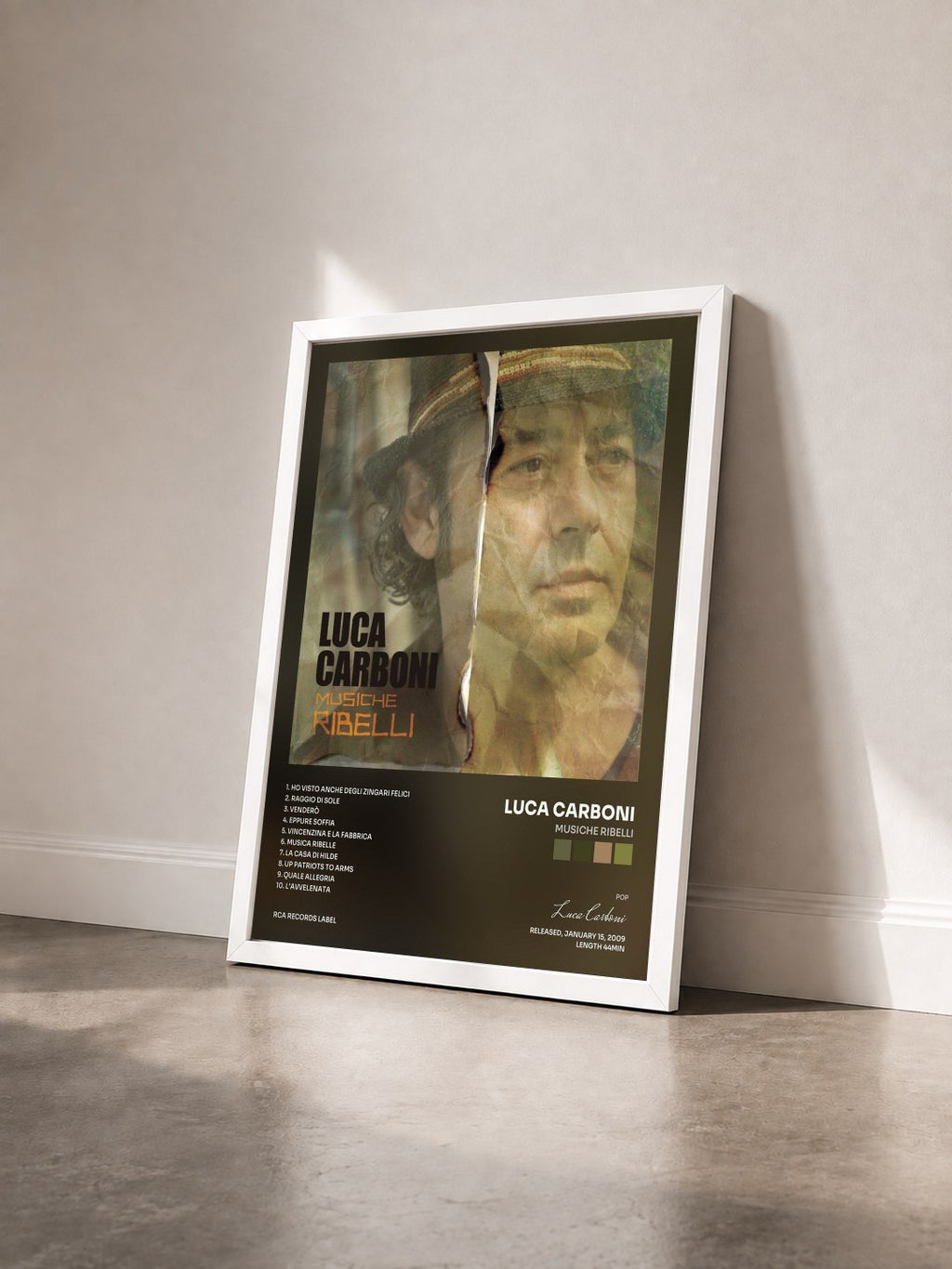 #blanc Tableau de l'album Musiche Ribelli de Luca Carboni vu de trois quarts, cadre blanc