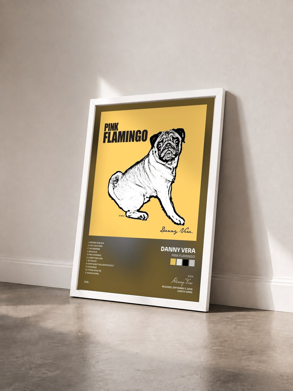 #blanc Tableau de l'album Pink Flamingo de Danny Vera vu de trois quarts, cadre blanc