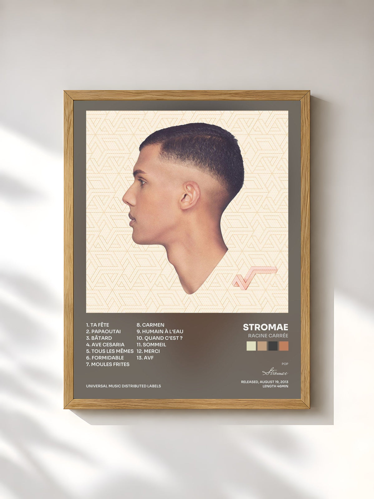 #bois Tableau de l'album racine carrée de Stromae, cadre en bois brut, imprimé et encadré en France