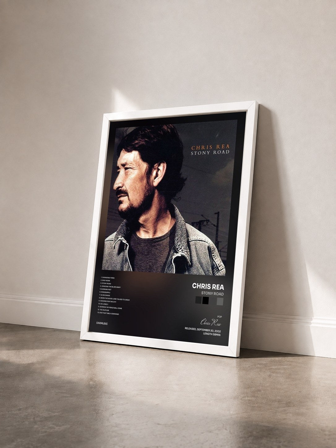 #blanc Tableau de l'album Stony Road de Chris Rea vu de trois quarts, cadre blanc