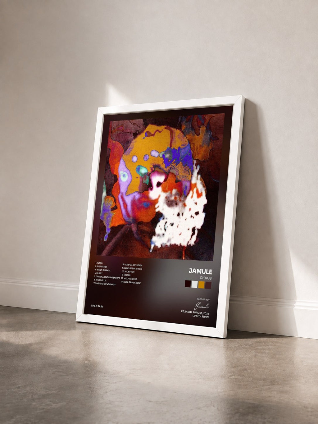 #blanc Tableau de l'album Chaos de Jamule vu de trois quarts, cadre blanc