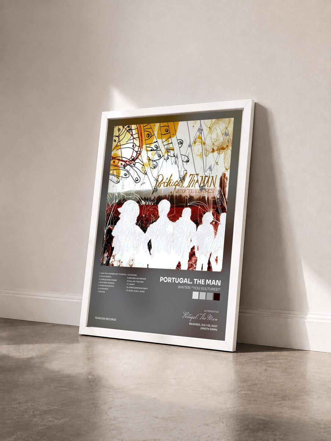 #blanc Tableau de l'album Waiter: "You Vultures!" de Portugal. The Man vu de trois quarts, cadre blanc