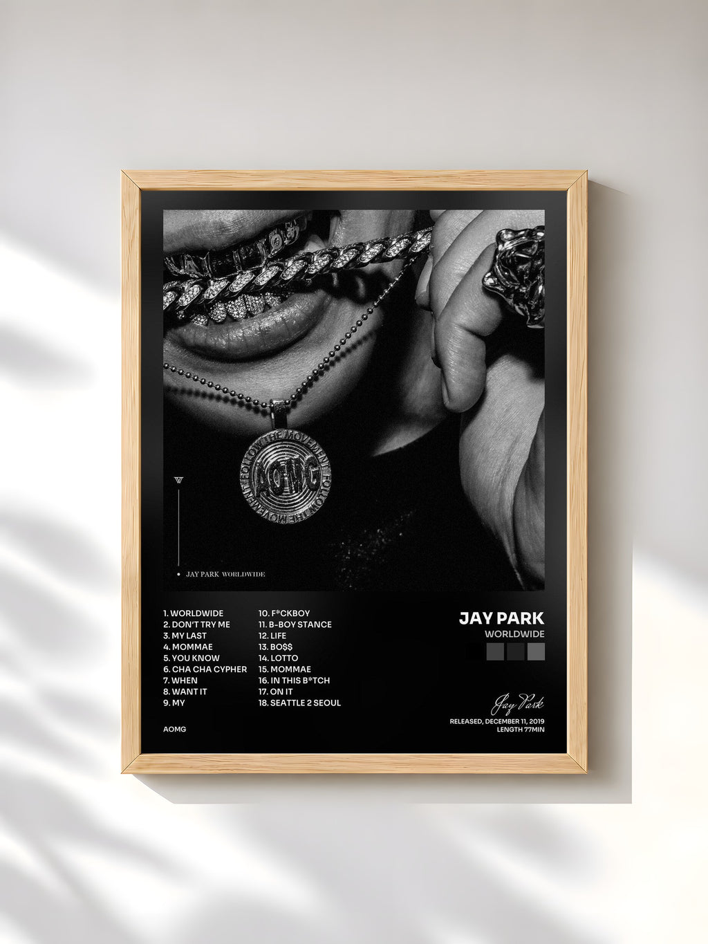 #bois Tableau de l'album WORLDWIDE de Jay Park, cadre en bois brut, imprimé et encadré en France