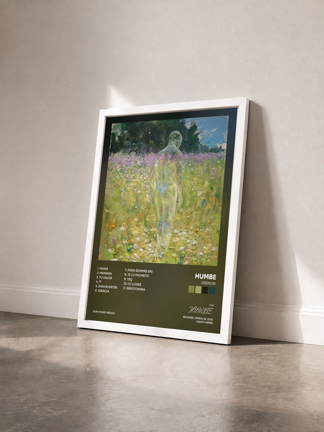 #blanc Tableau de l'album ESENCIA de HUMBE vu de trois quarts, cadre blanc
