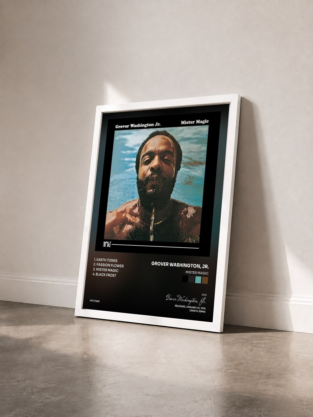 #blanc Tableau de l'album Mister Magic de Grover Washington, Jr. vu de trois quarts, cadre blanc