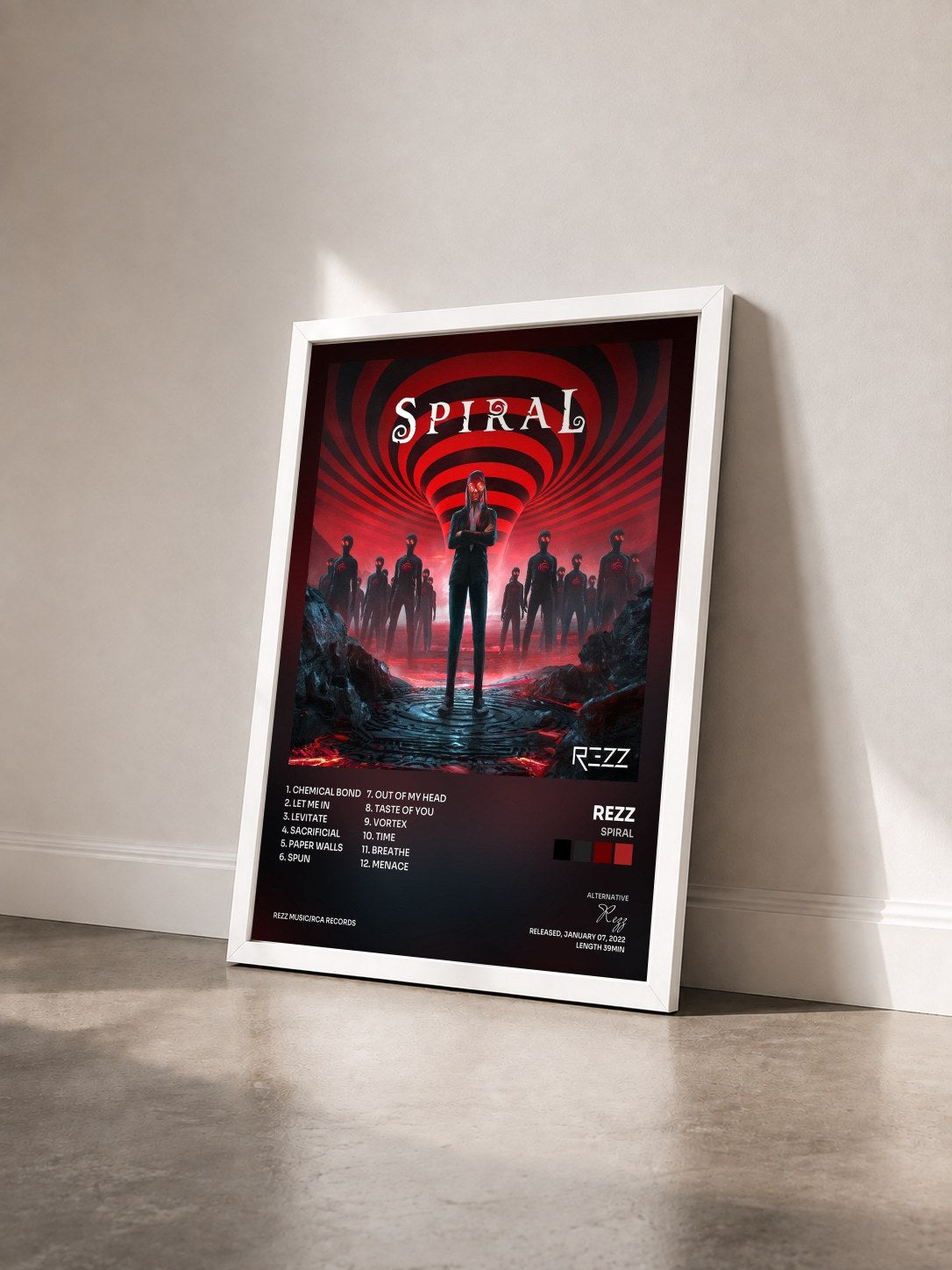 #blanc Tableau de l'album Spiral de Rezz vu de trois quarts, cadre blanc