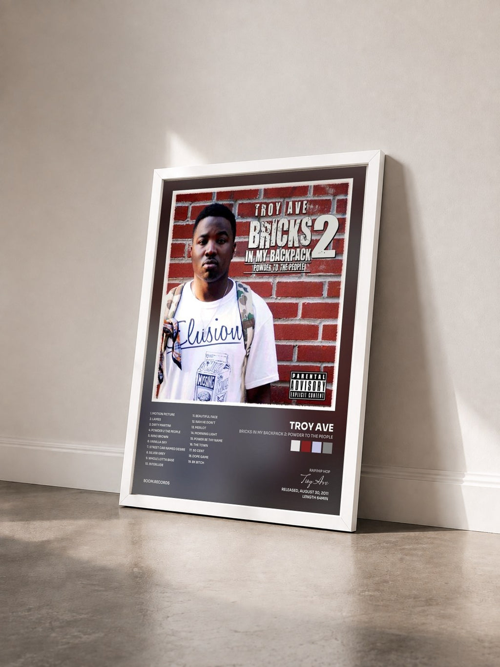 #blanc Tableau de l'album Bricks In My Backpack 2: Powder To The People de Troy Ave vu de trois quarts, cadre blanc