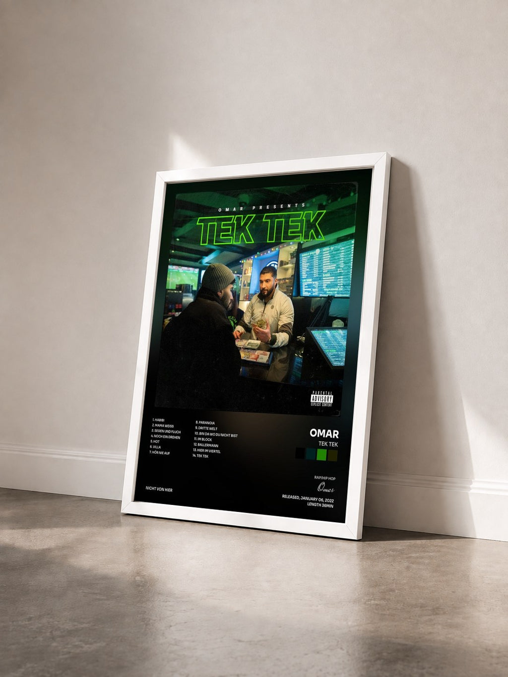 #blanc Tableau de l'album TEK TEK de Omar vu de trois quarts, cadre blanc