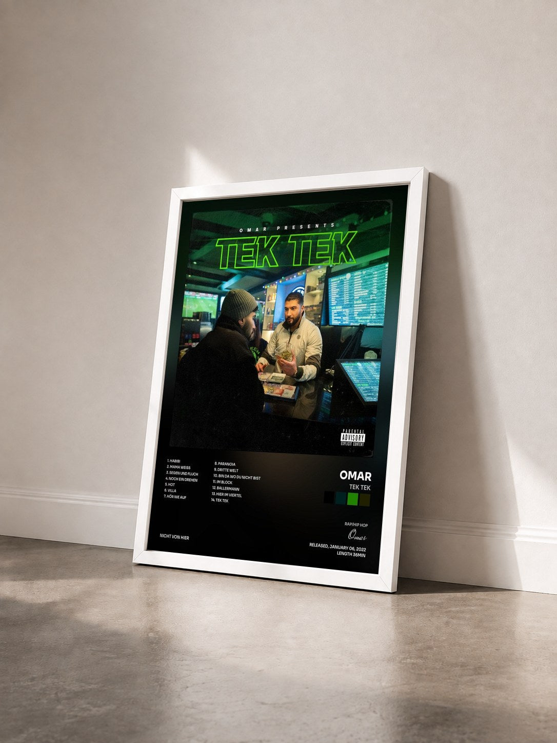 #blanc Tableau de l'album TEK TEK de Omar vu de trois quarts, cadre blanc