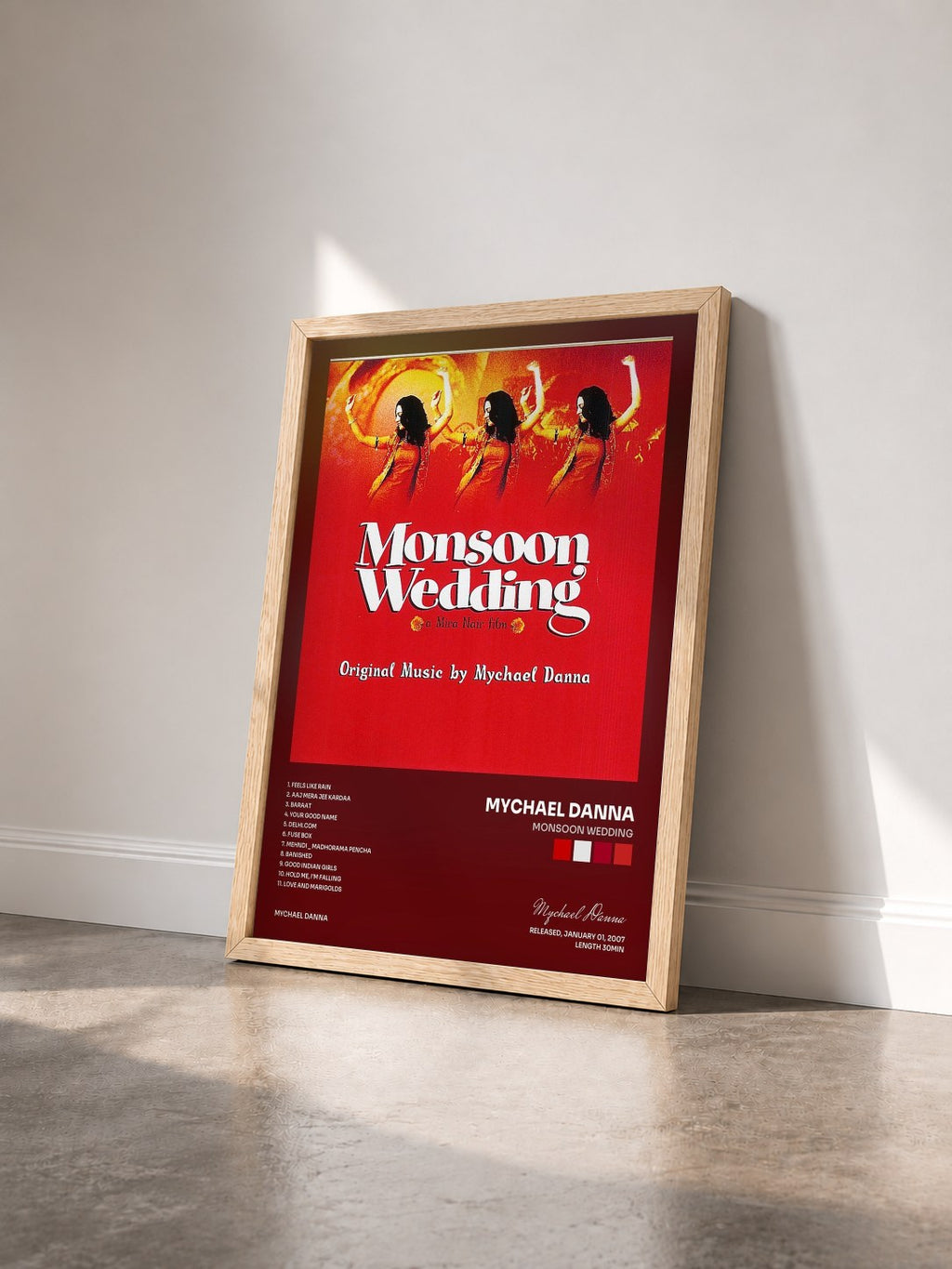 #bois Tableau de l'album Monsoon Wedding de Mychael Danna vu de trois quarts, cadre en bois brut