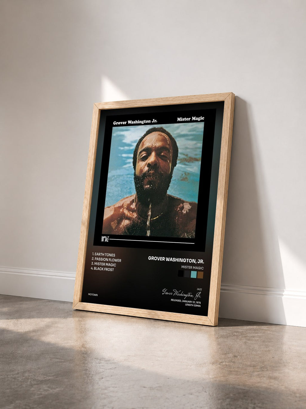 #bois Tableau de l'album Mister Magic de Grover Washington, Jr. vu de trois quarts, cadre en bois brut