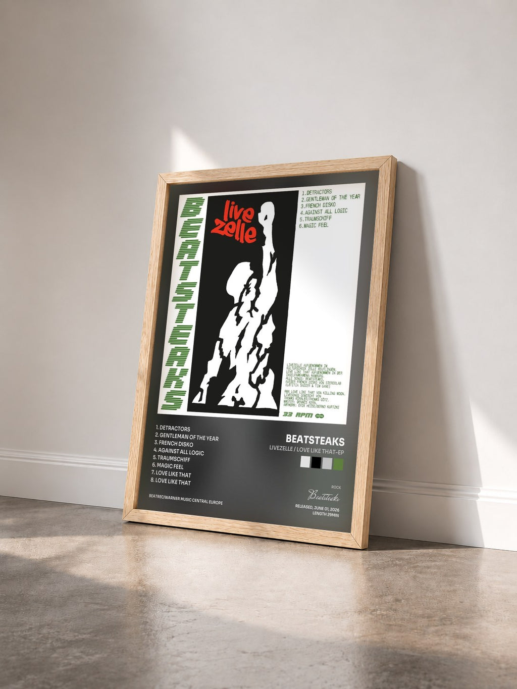 #bois Tableau de l'album LIVEZELLE / Love Like That-EP de Beatsteaks vu de trois quarts, cadre en bois brut