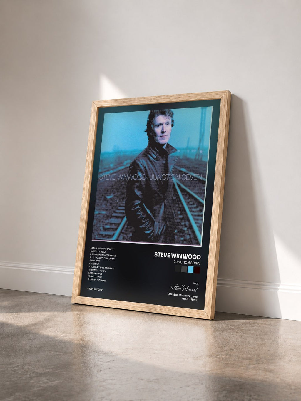 #bois Tableau de l'album Junction Seven de Steve Winwood vu de trois quarts, cadre en bois brut