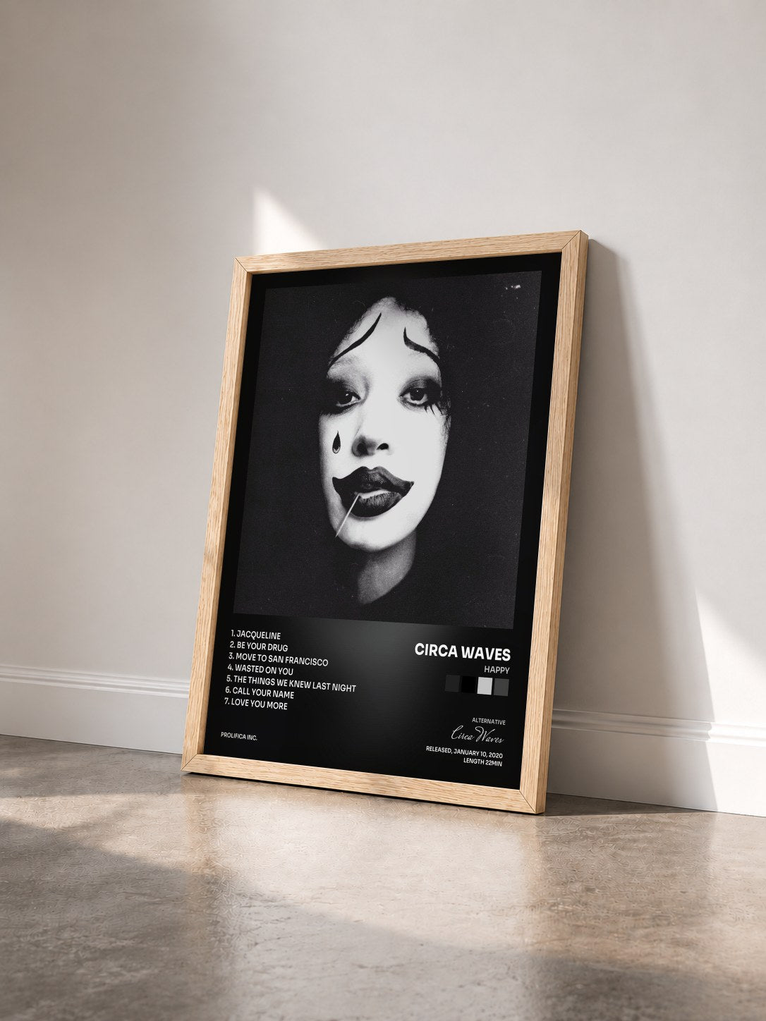 #bois Tableau de l'album Happy de Circa Waves vu de trois quarts, cadre en bois brut