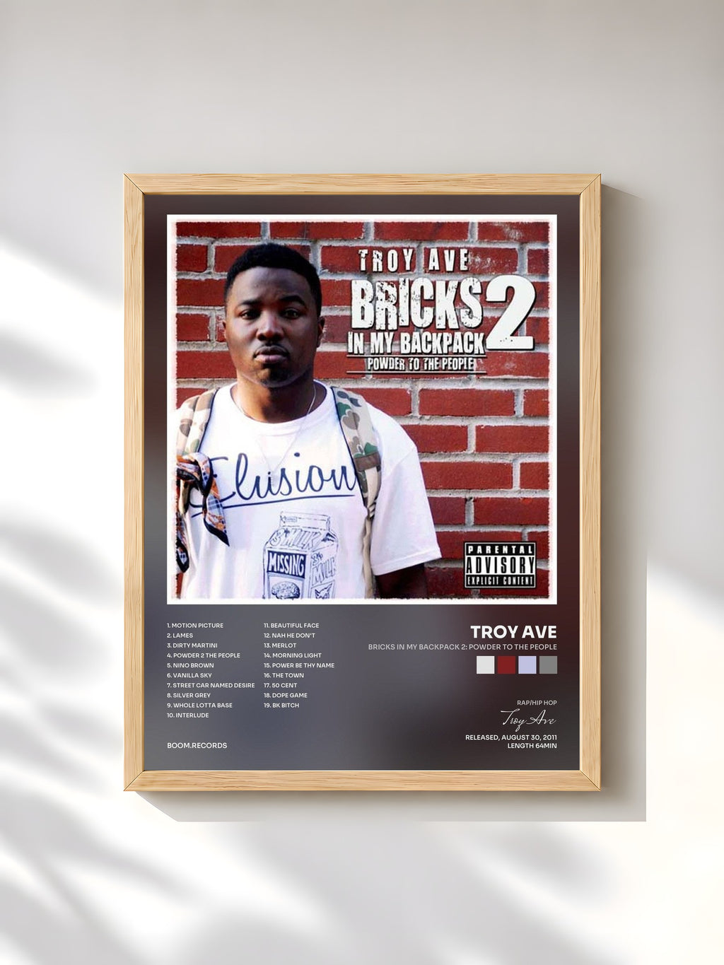 #bois Tableau de l'album Bricks In My Backpack 2: Powder To The People de Troy Ave, cadre en bois brut, imprimé et encadré en France