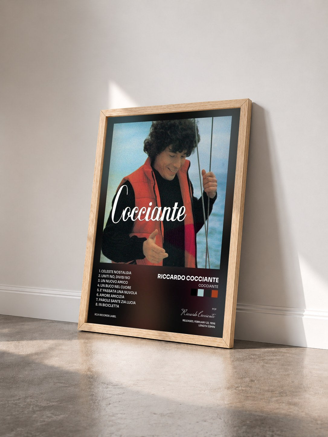 #bois Tableau de l'album Cocciante de Riccardo Cocciante vu de trois quarts, cadre en bois brut