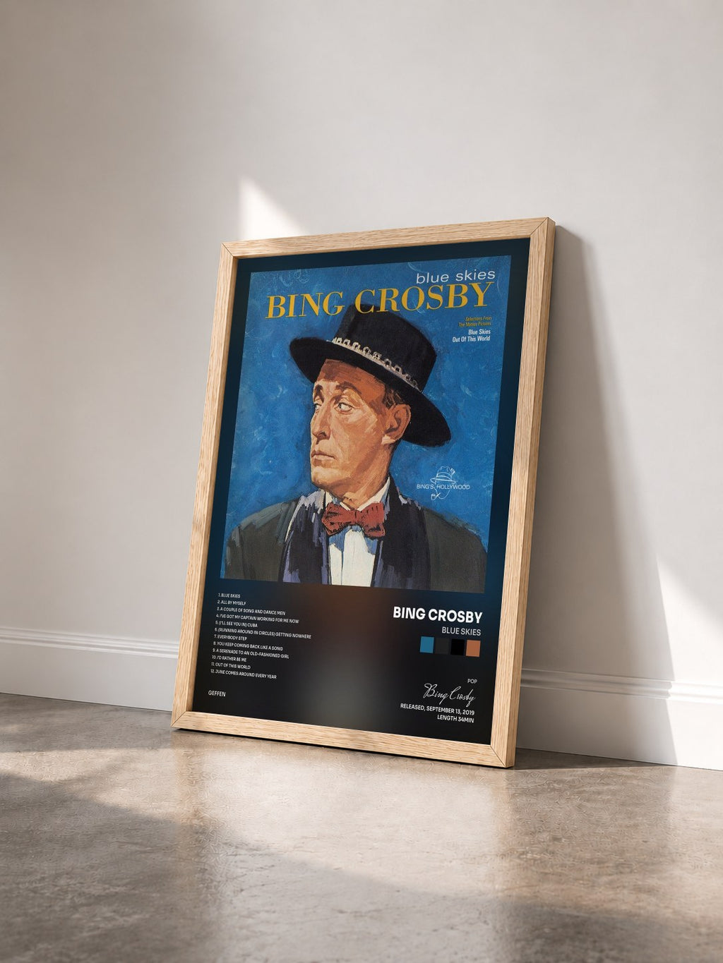 #bois Tableau de l'album Blue Skies de Bing Crosby vu de trois quarts, cadre en bois brut