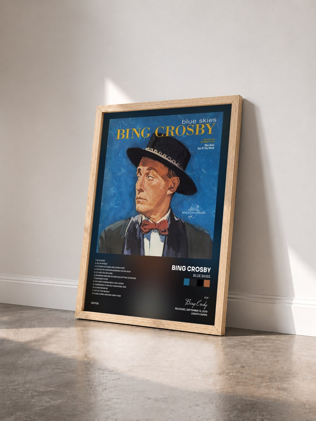 #bois Tableau de l'album Blue Skies de Bing Crosby vu de trois quarts, cadre en bois brut