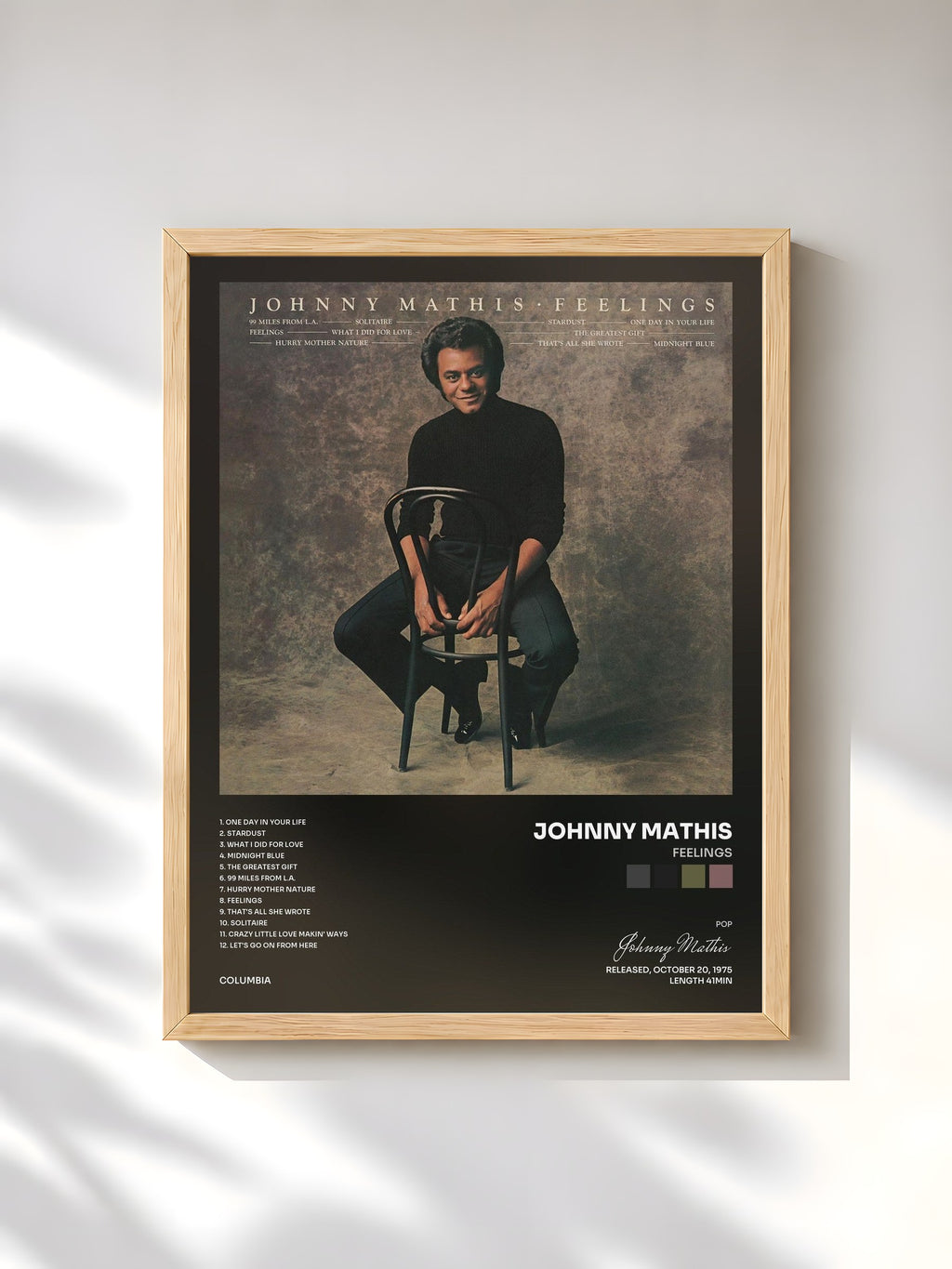 #bois Tableau de l'album Feelings de Johnny Mathis, cadre en bois brut, imprimé et encadré en France
