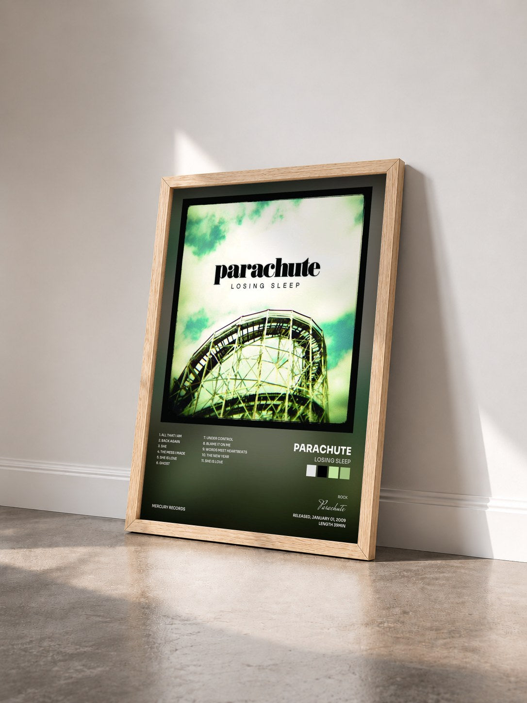 #bois Tableau de l'album Losing Sleep de Parachute vu de trois quarts, cadre en bois brut