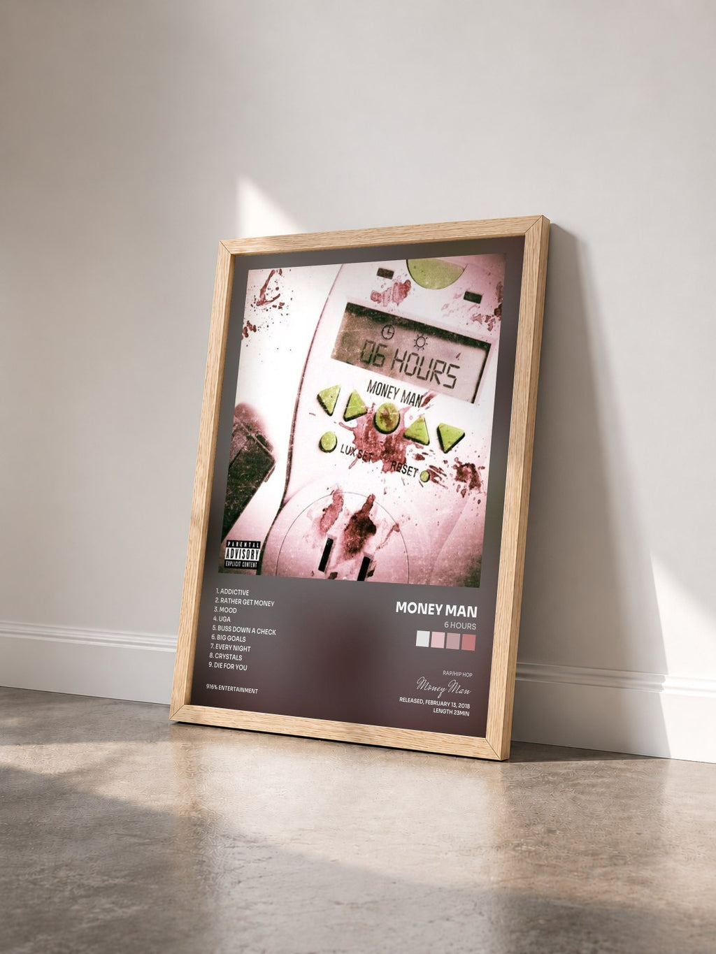 #bois Tableau de l'album 6 Hours de Money Man vu de trois quarts, cadre en bois brut