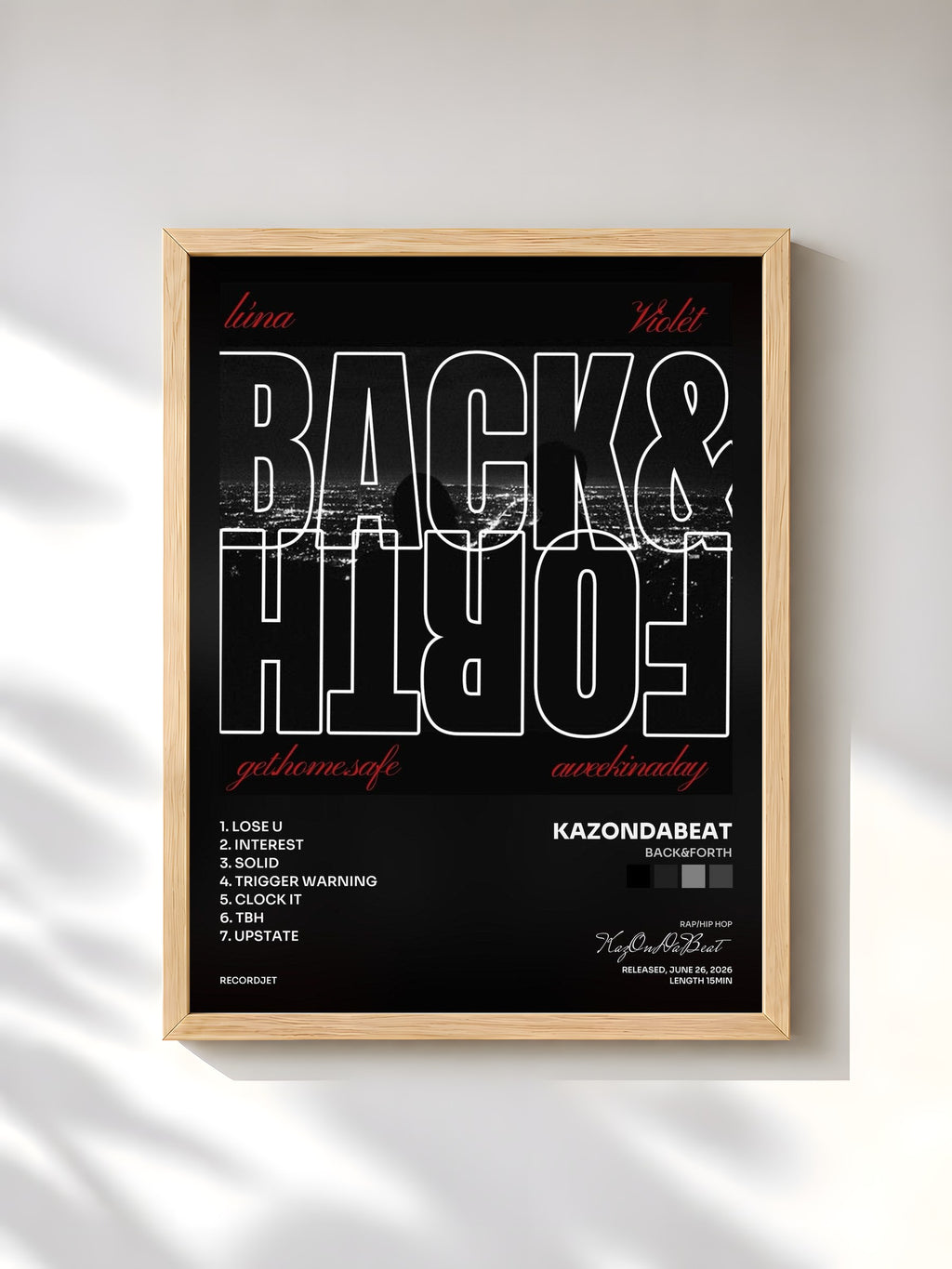 #bois Tableau de l'album BACK&FORTH de KazOnDaBeat, cadre en bois brut, imprimé et encadré en France