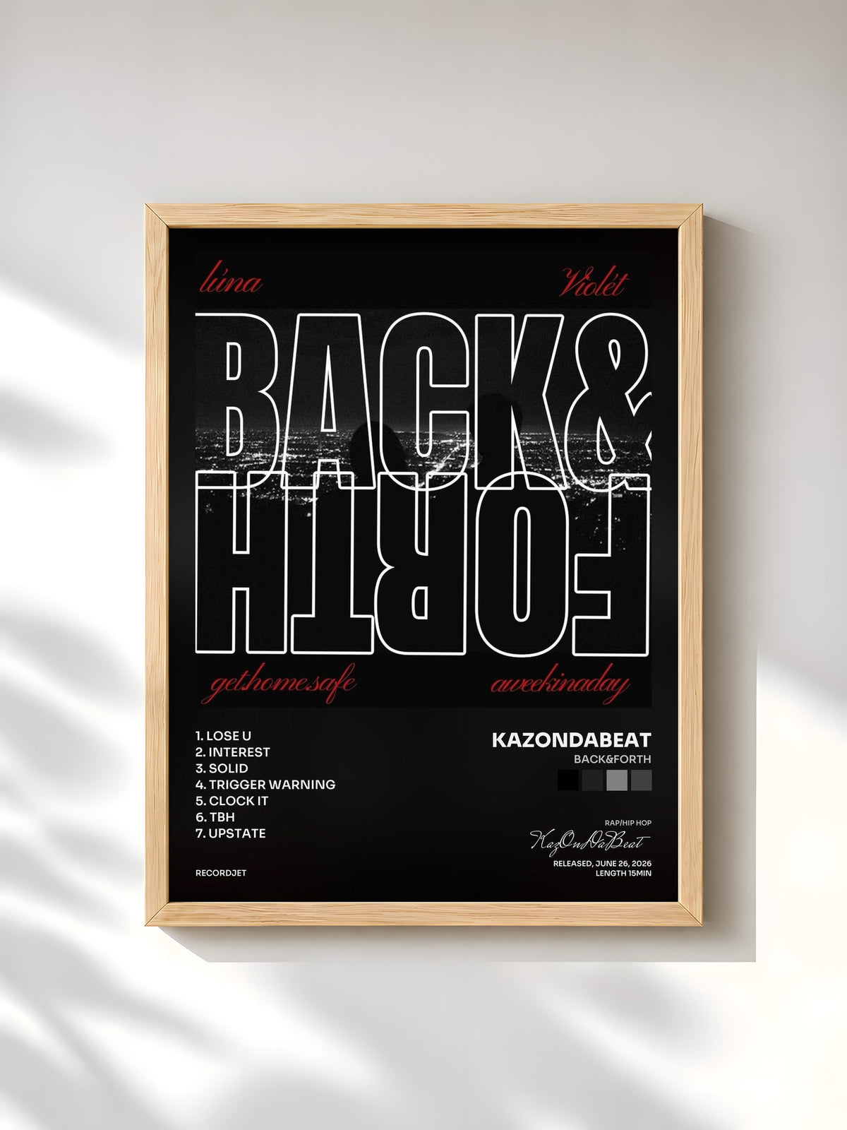 #bois Tableau de l'album BACK&FORTH de KazOnDaBeat, cadre en bois brut, imprimé et encadré en France