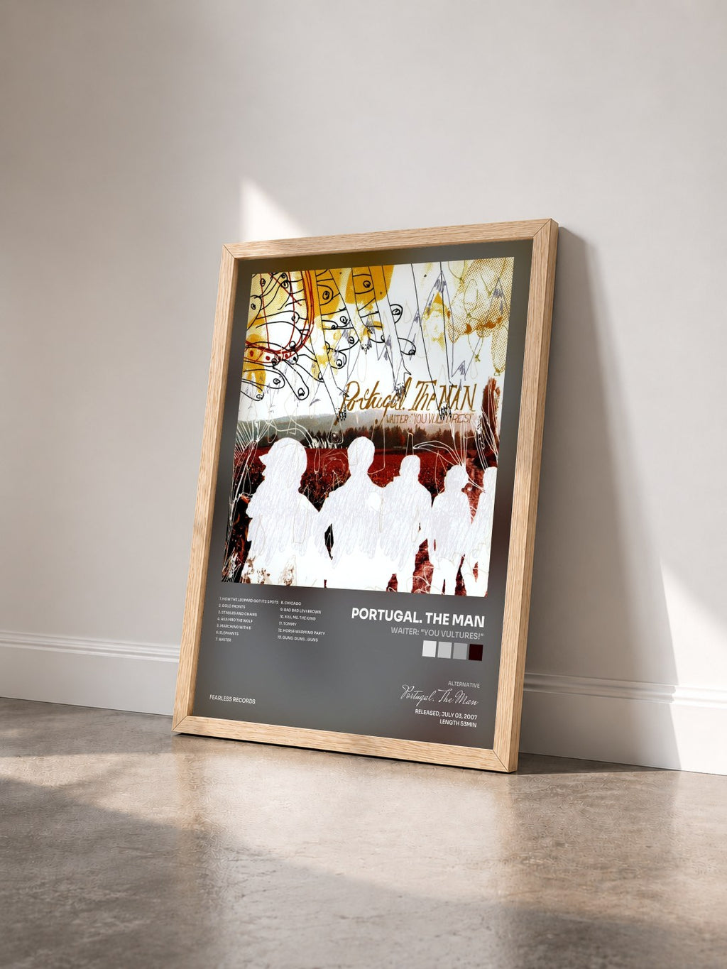#bois Tableau de l'album Waiter: "You Vultures!" de Portugal. The Man vu de trois quarts, cadre en bois brut