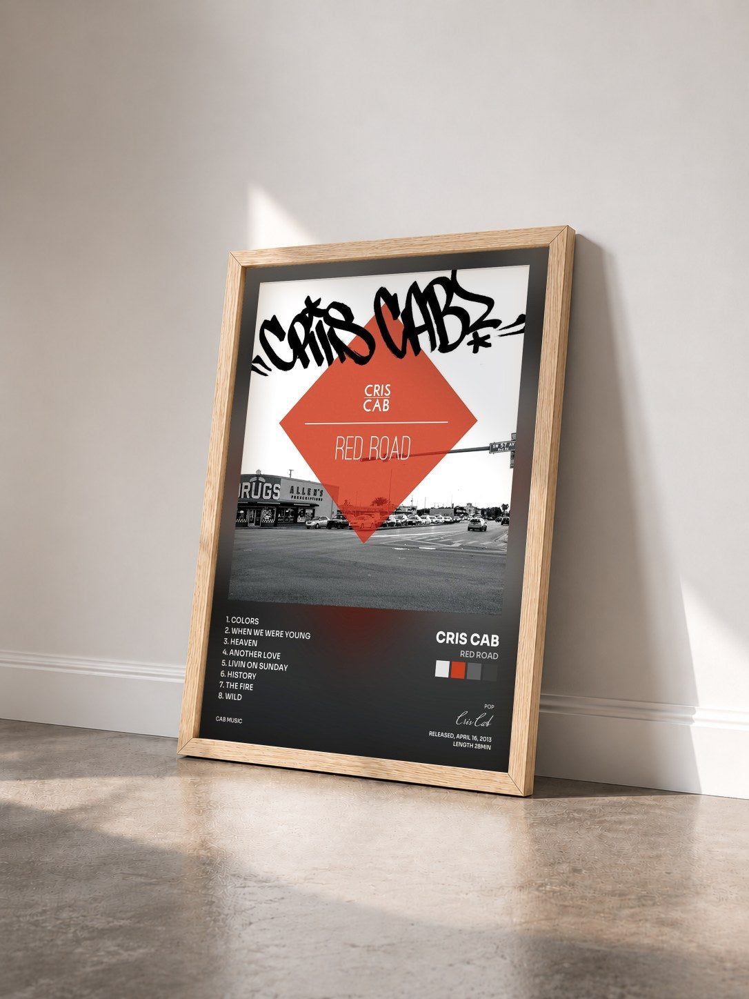 #bois Tableau de l'album Red Road de Cris Cab vu de trois quarts, cadre en bois brut