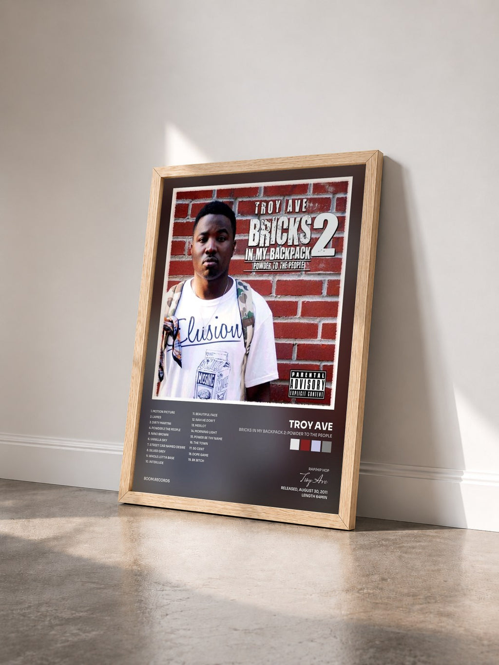 #bois Tableau de l'album Bricks In My Backpack 2: Powder To The People de Troy Ave vu de trois quarts, cadre en bois brut