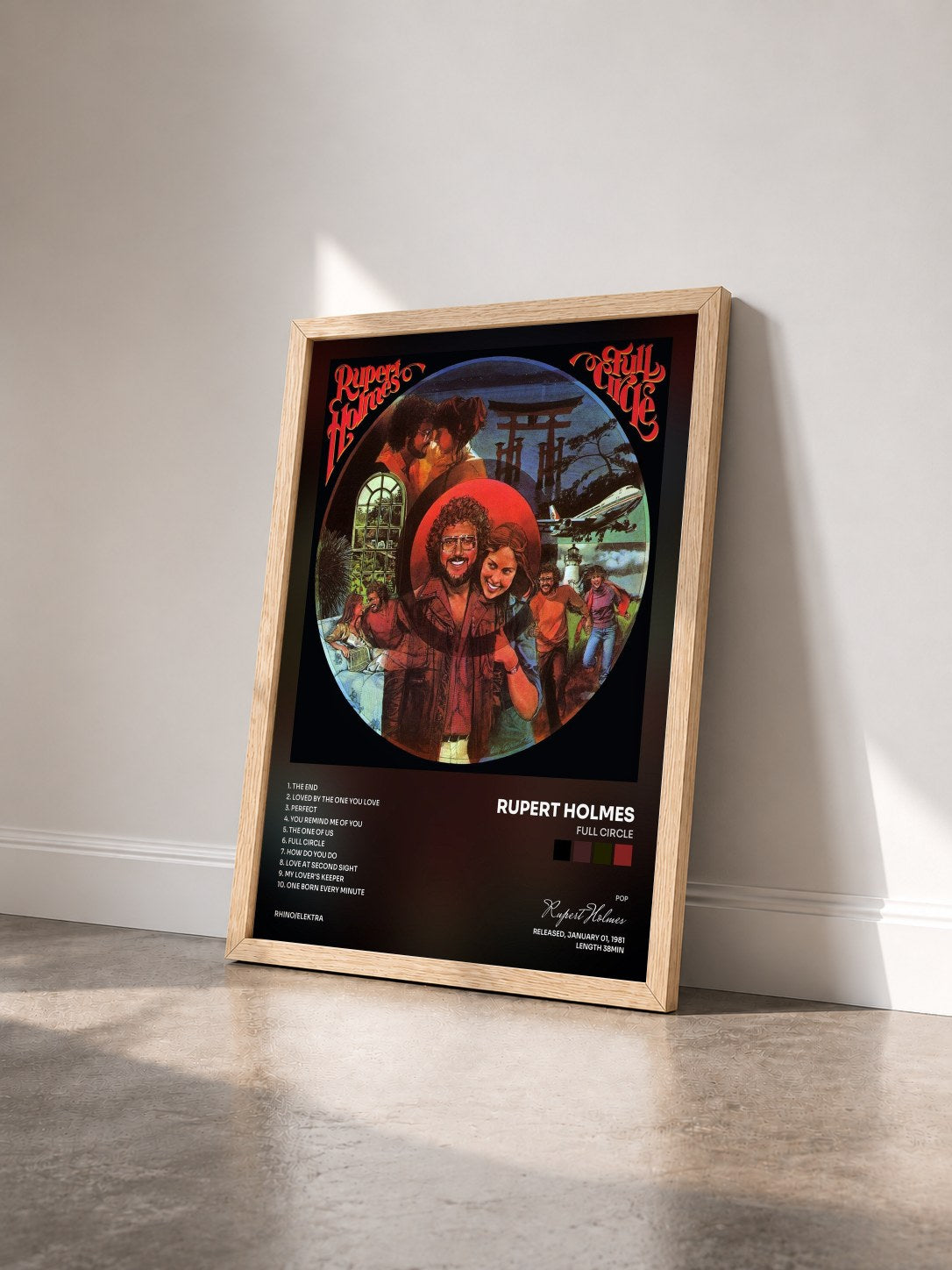 #bois Tableau de l'album Full Circle de Rupert Holmes vu de trois quarts, cadre en bois brut