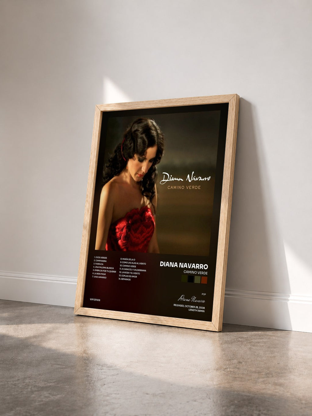 #bois Tableau de l'album Camino verde de Diana Navarro vu de trois quarts, cadre en bois brut