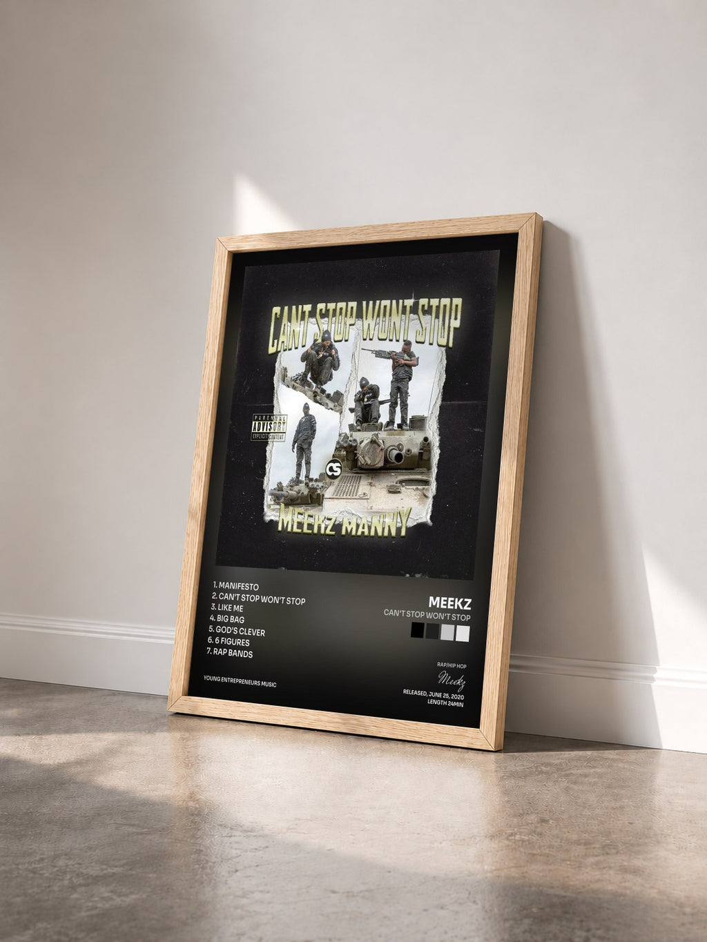 #bois Tableau de l'album Can't Stop Won't Stop de Meekz vu de trois quarts, cadre en bois brut
