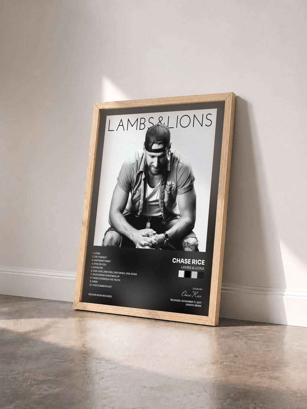 #bois Tableau de l'album Lambs & Lions de Chase Rice vu de trois quarts, cadre en bois brut