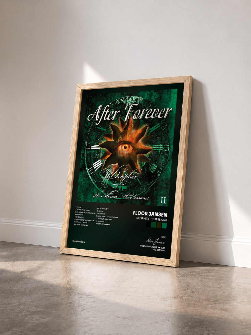 #bois Tableau de l'album Decipher: The Sessions de Floor Jansen vu de trois quarts, cadre en bois brut