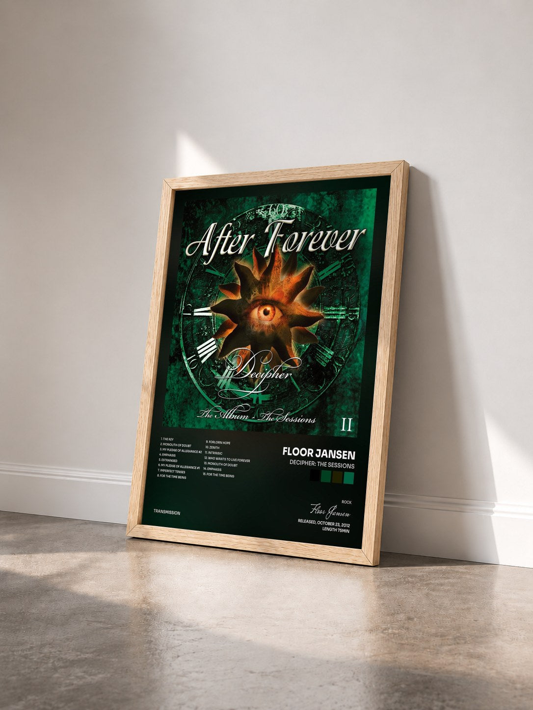 #bois Tableau de l'album Decipher: The Sessions de Floor Jansen vu de trois quarts, cadre en bois brut