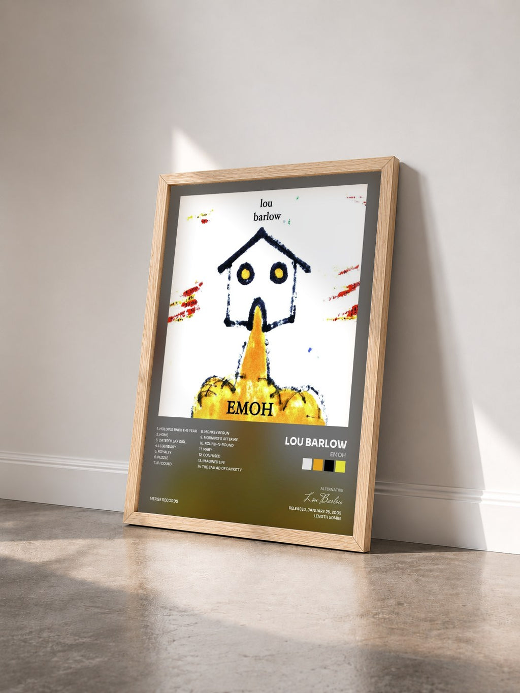 #bois Tableau de l'album Emoh de Lou Barlow vu de trois quarts, cadre en bois brut