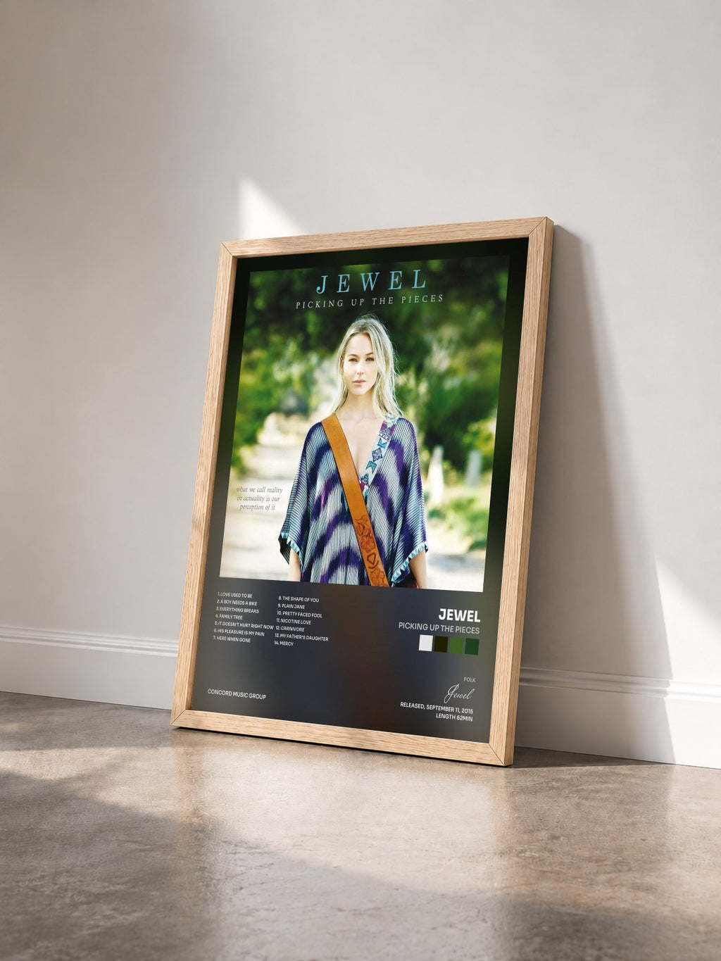 #bois Tableau de l'album Picking Up The Pieces de Jewel vu de trois quarts, cadre en bois brut
