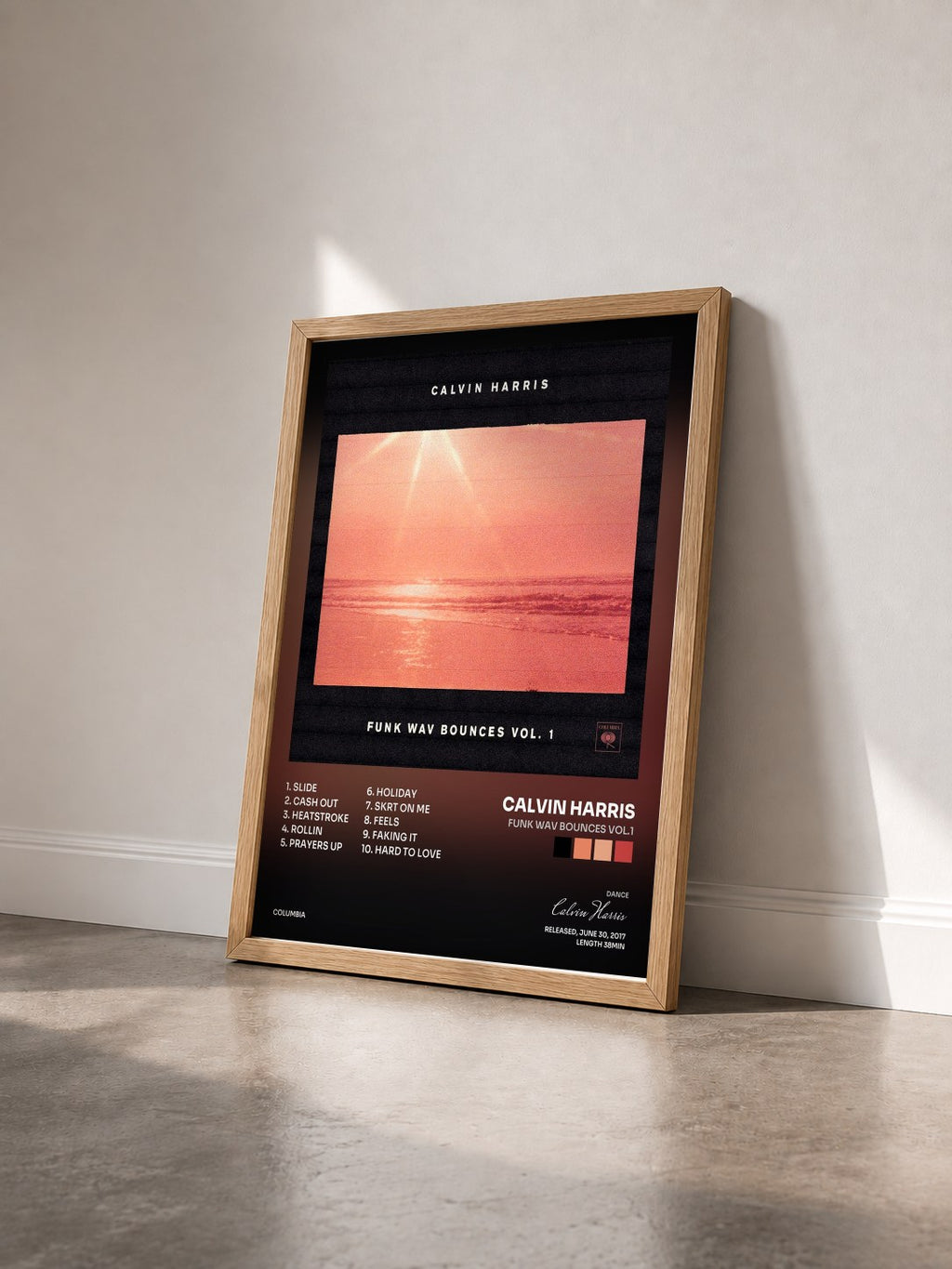#bois Tableau de l'album Funk Wav Bounces Vol.1 de Calvin Harris vu de trois quarts, cadre en bois brut