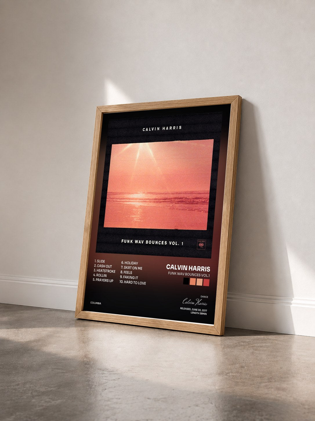 #bois Tableau de l'album Funk Wav Bounces Vol.1 de Calvin Harris vu de trois quarts, cadre en bois brut