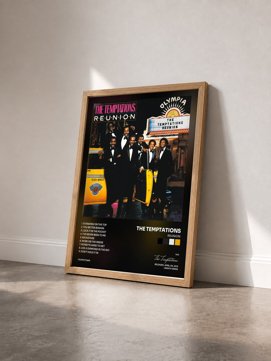 #bois Tableau de l'album Reunion de The Temptations vu de trois quarts, cadre en bois brut